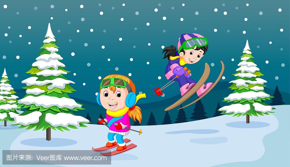 在冬天,孩子们非常高兴地在雪地里玩耍