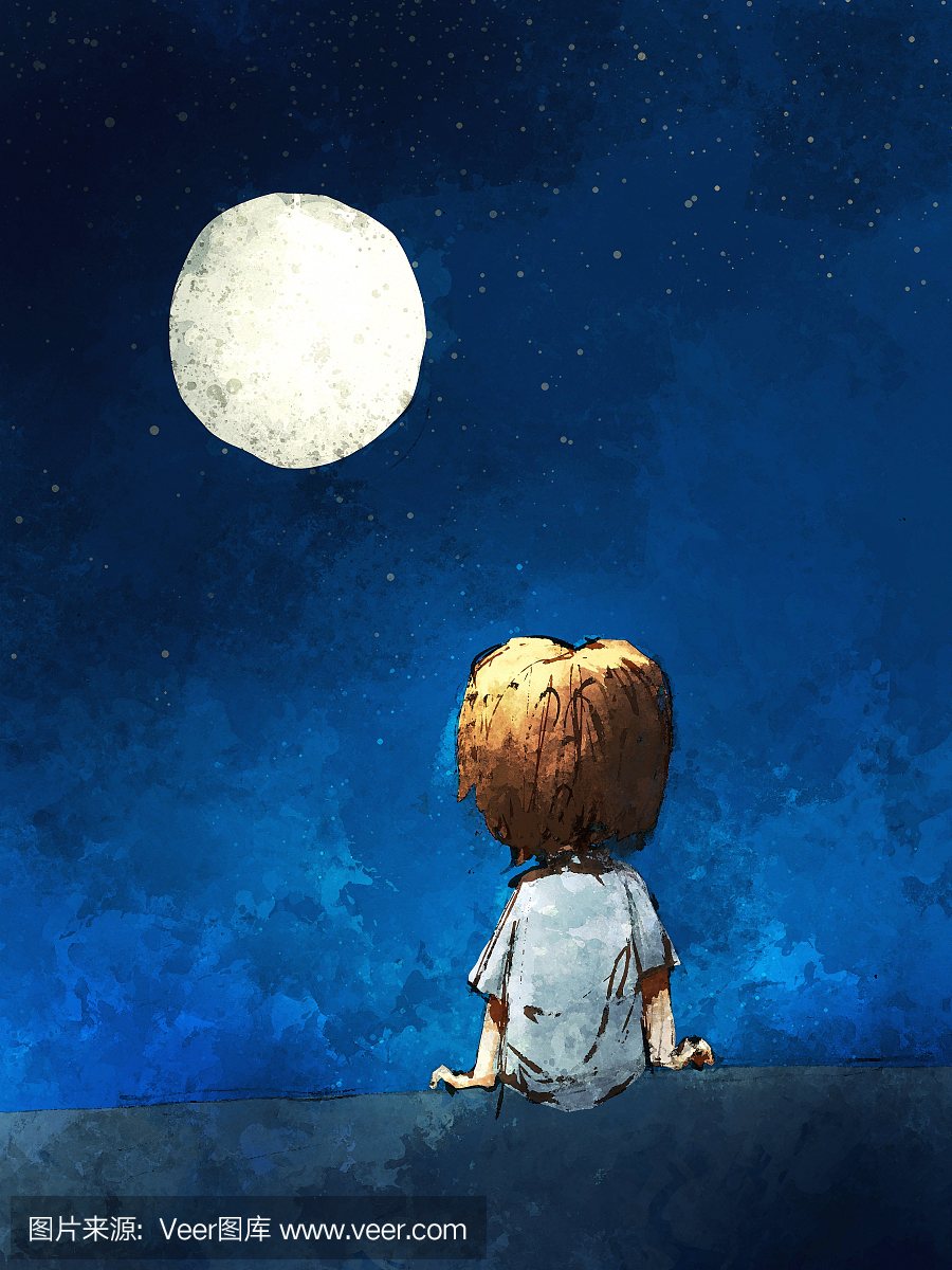 数字绘画的男孩坐在孤独的月光下