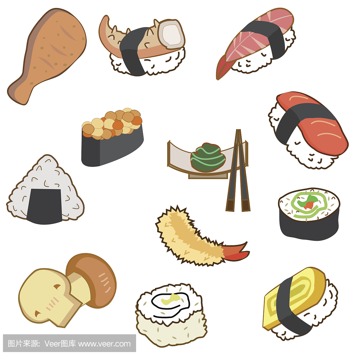 Icon of japan food and sushi in cartoon style on 