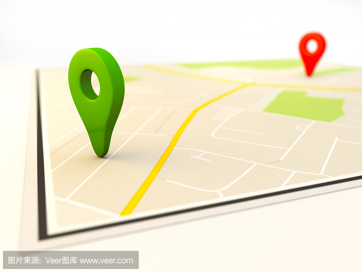 具有起点和目的地标记的城市地图的3D渲染