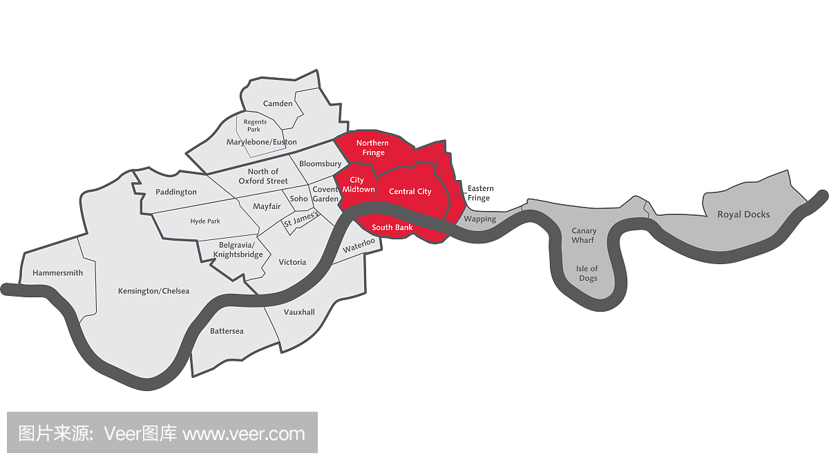 伦敦市中心地图与区域标签