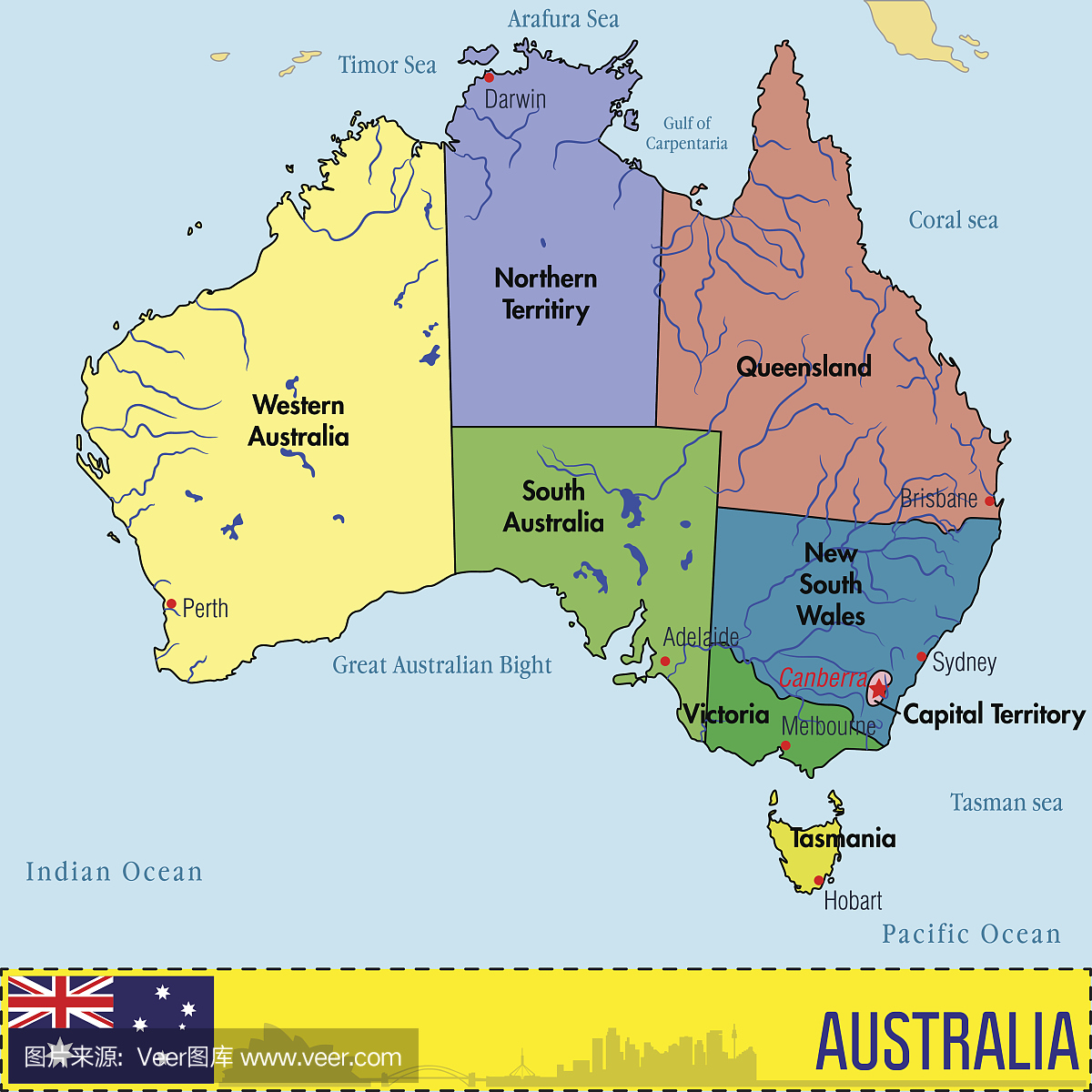 澳大利亚地图与地区及其首都