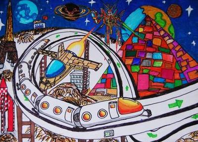 太空地铁线儿童画-油画棒作品-儿童画网-55kb