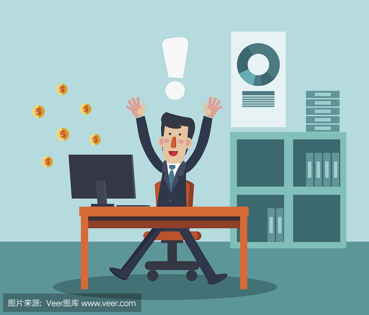 年轻男子在办公室在计算机上工作。赚钱的成功