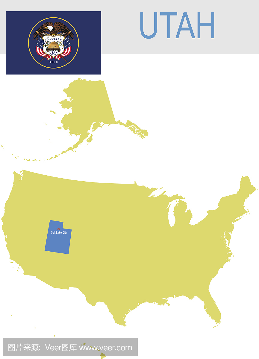 美国犹他州的地图和国旗