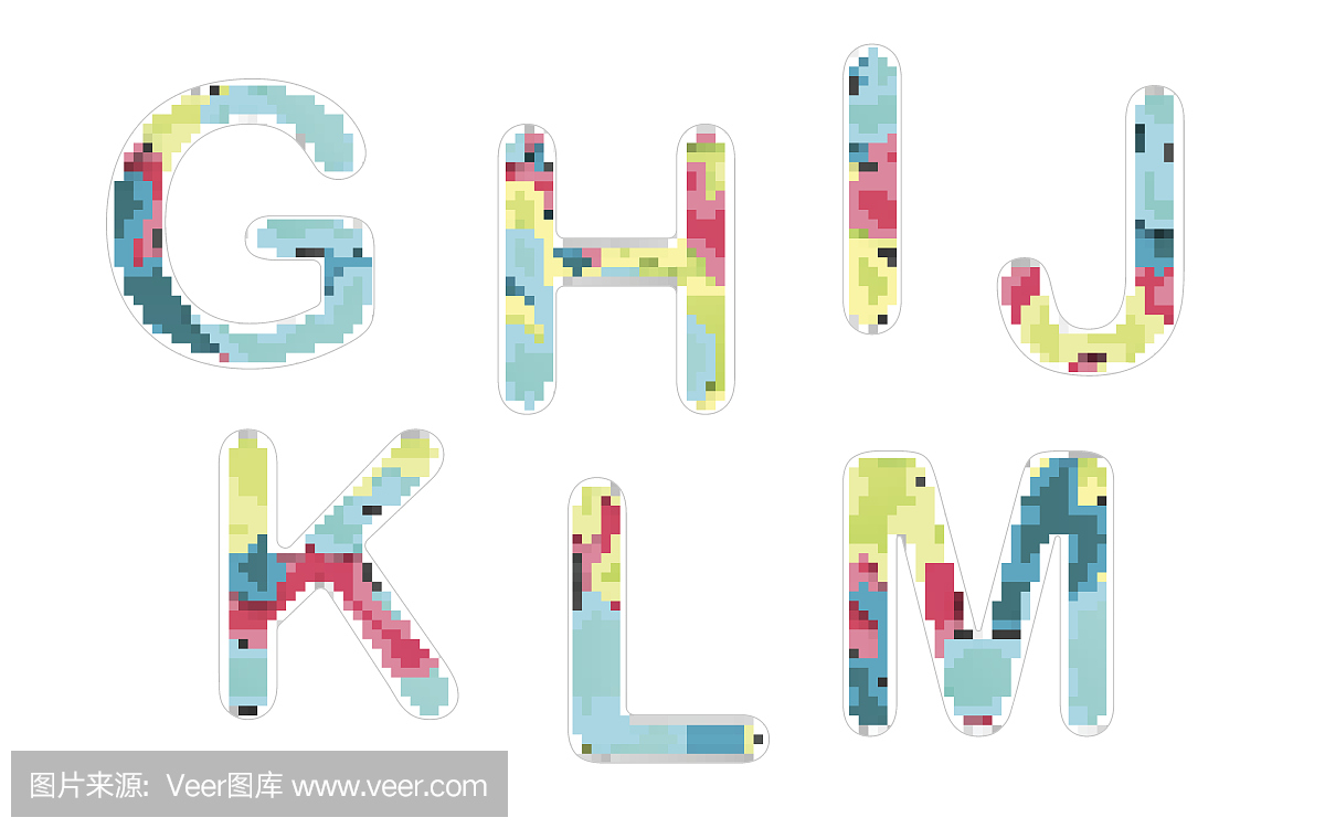 Set of creative letters font g, h, i, j, k, l, m. Multila