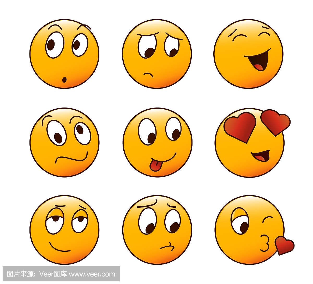 9个卡通表情符号设置不同的情绪和面部表情。