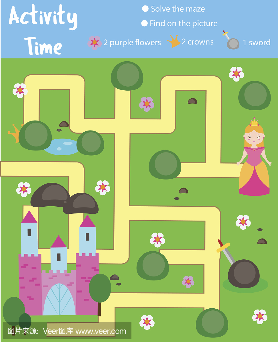 儿童活动页面教育游戏迷宫和找到对象的主题。