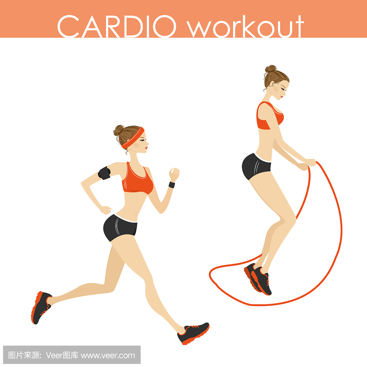 年轻漂亮的女人跑和跳绳,