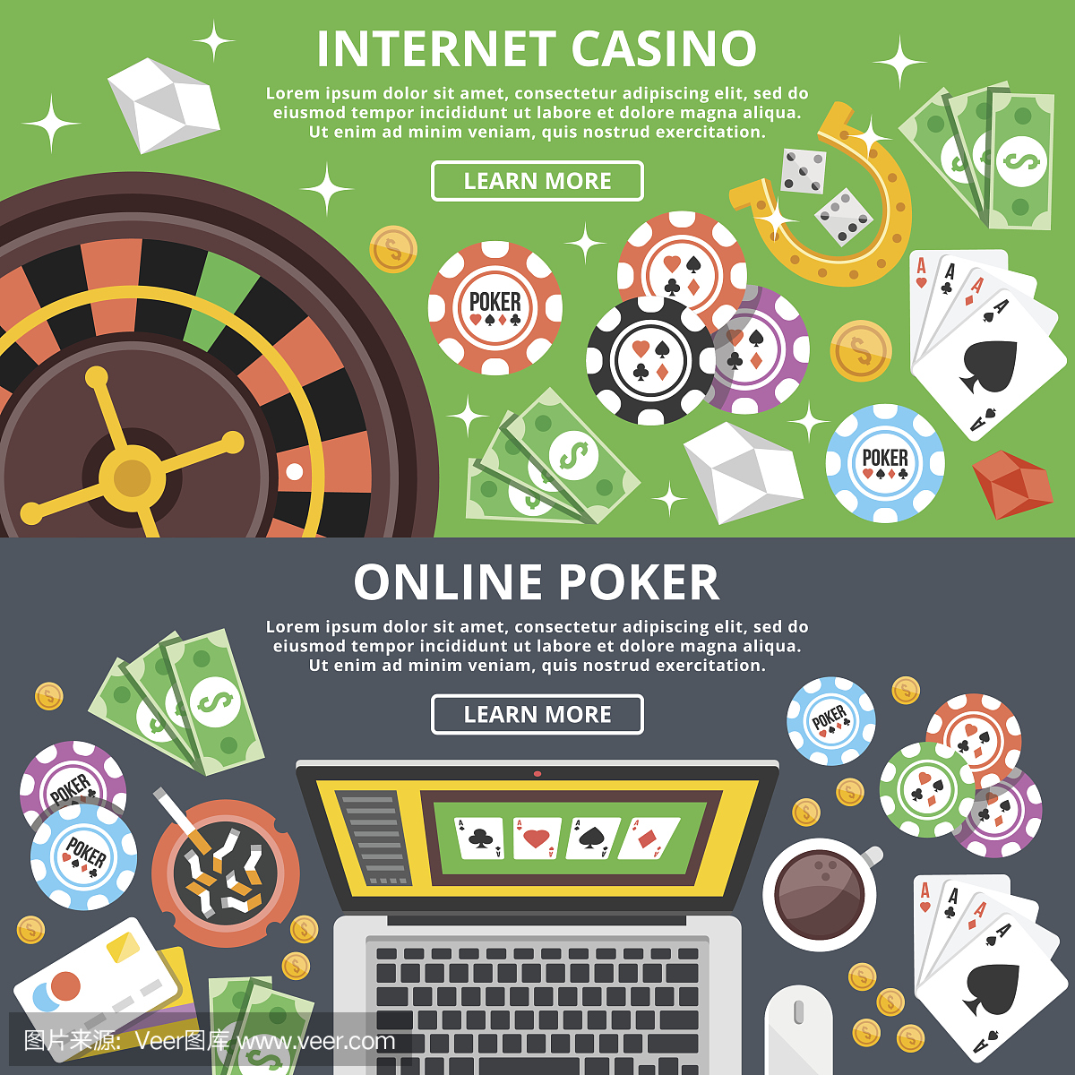 互联网赌场,在线扑克平插图概念集