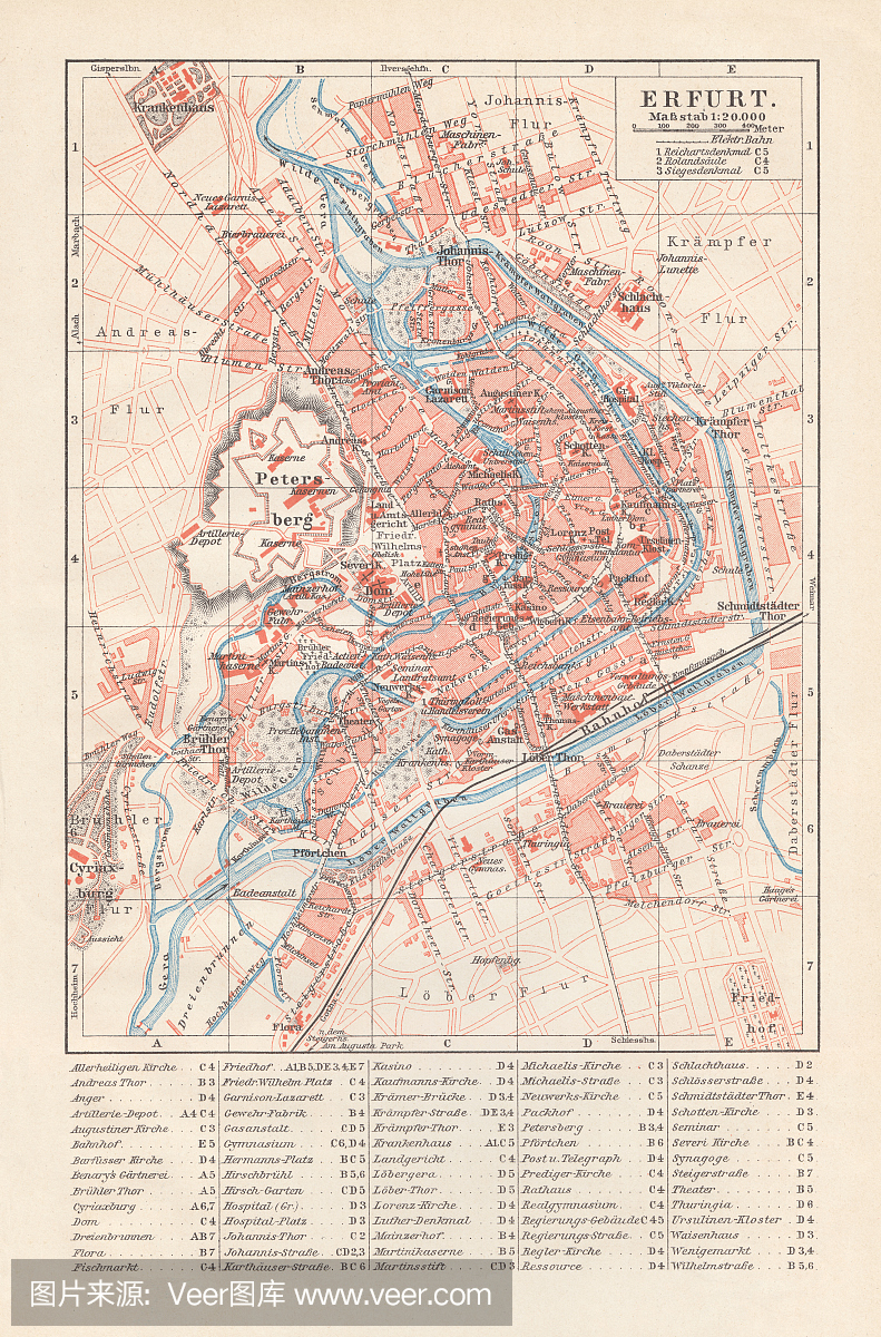 德国爱尔福特城市地图,版画,发表于1897年