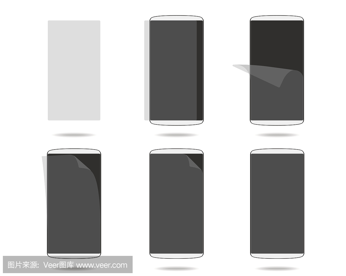 白色智能手机屏幕与保护玻璃设置不同的步骤