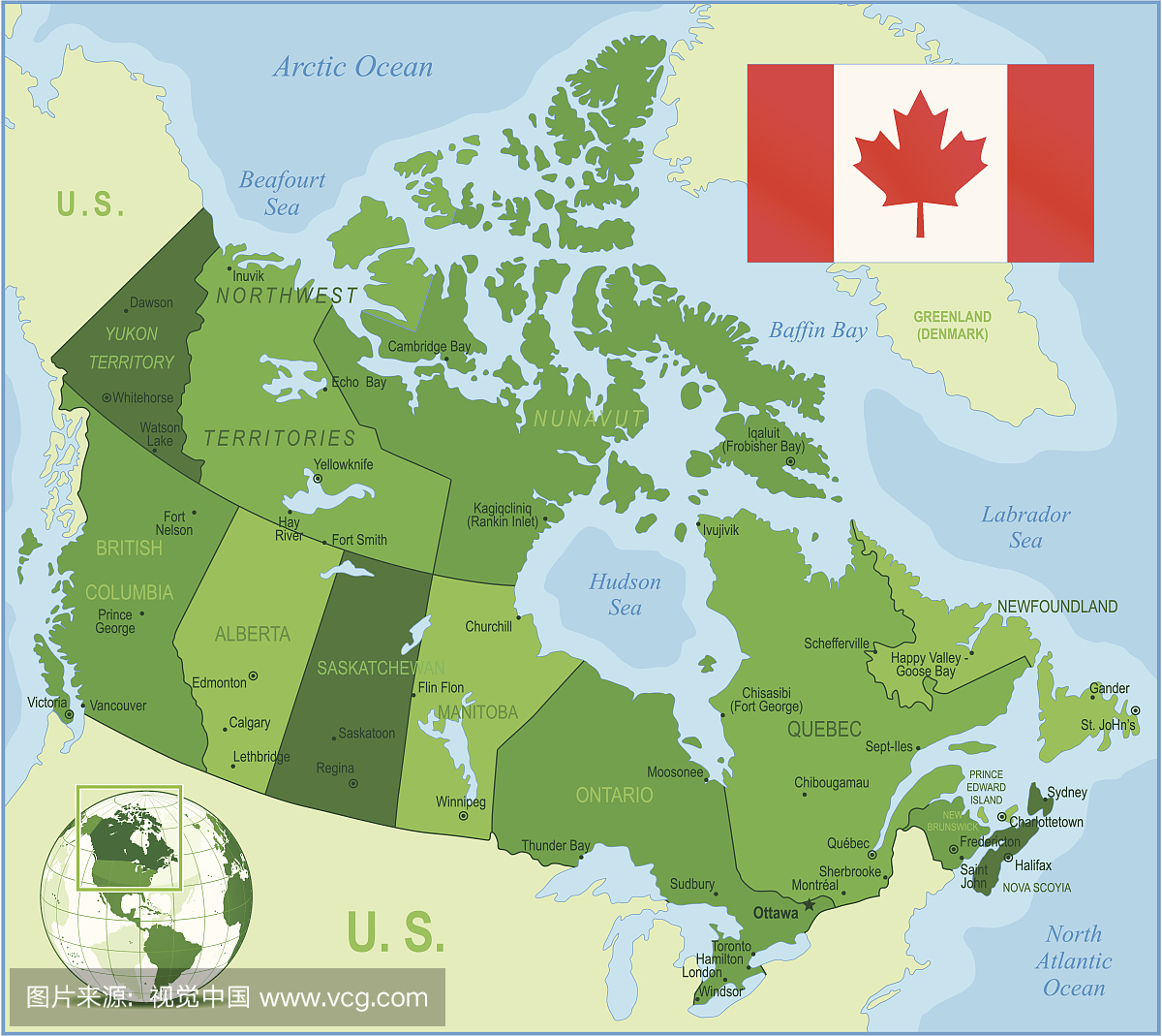 加拿大 - 绿色高度详细的地图