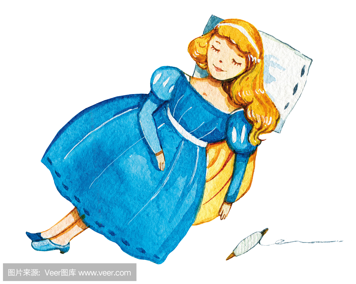 手绘卡通水彩插图的睡眠美在蓝色的裙子与主轴