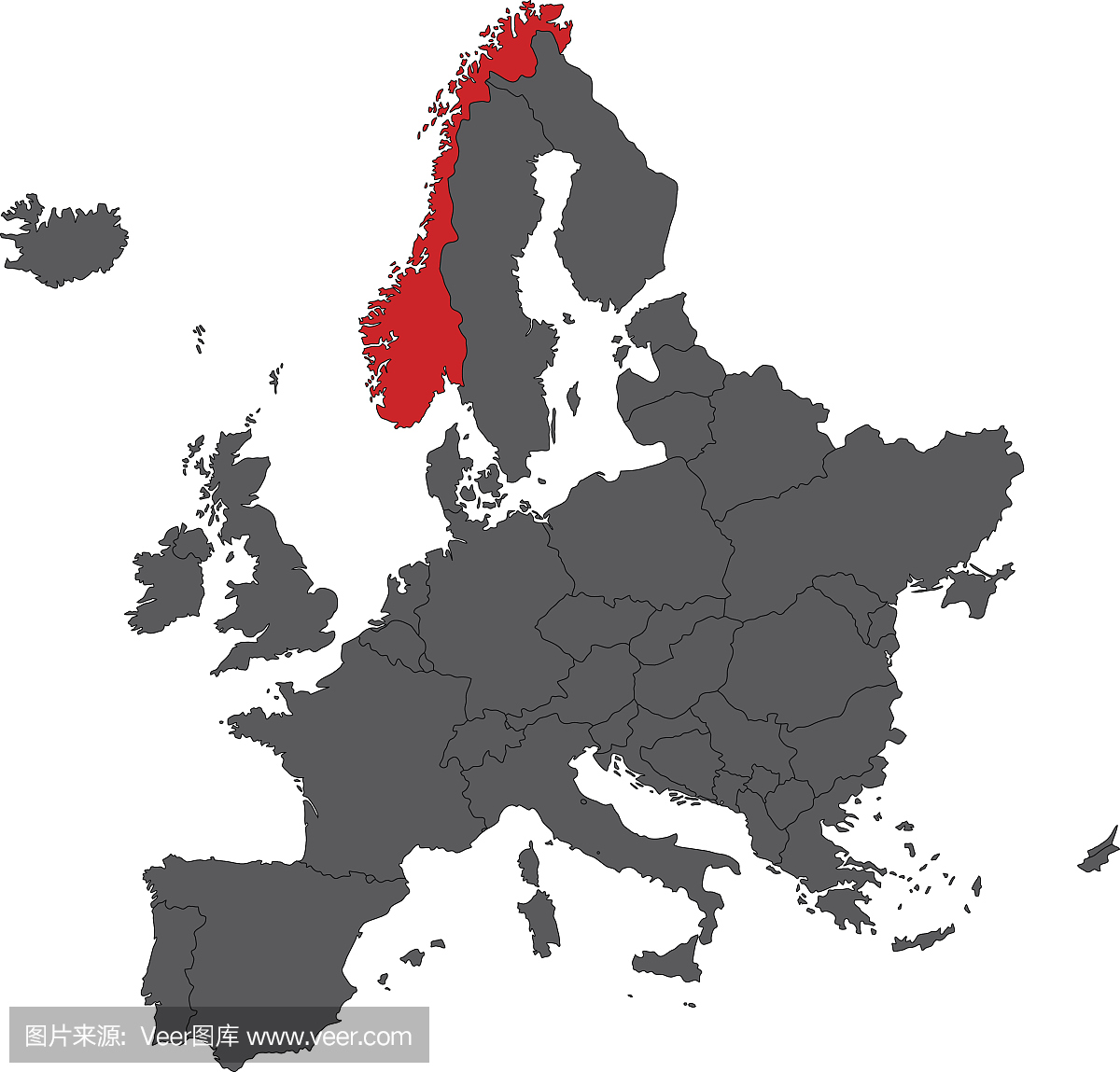 挪威红色地图在灰色欧洲地图矢量图