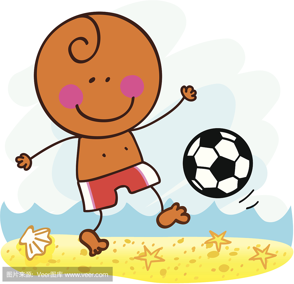 黑人男孩踢足球在沙滩漫画插图
