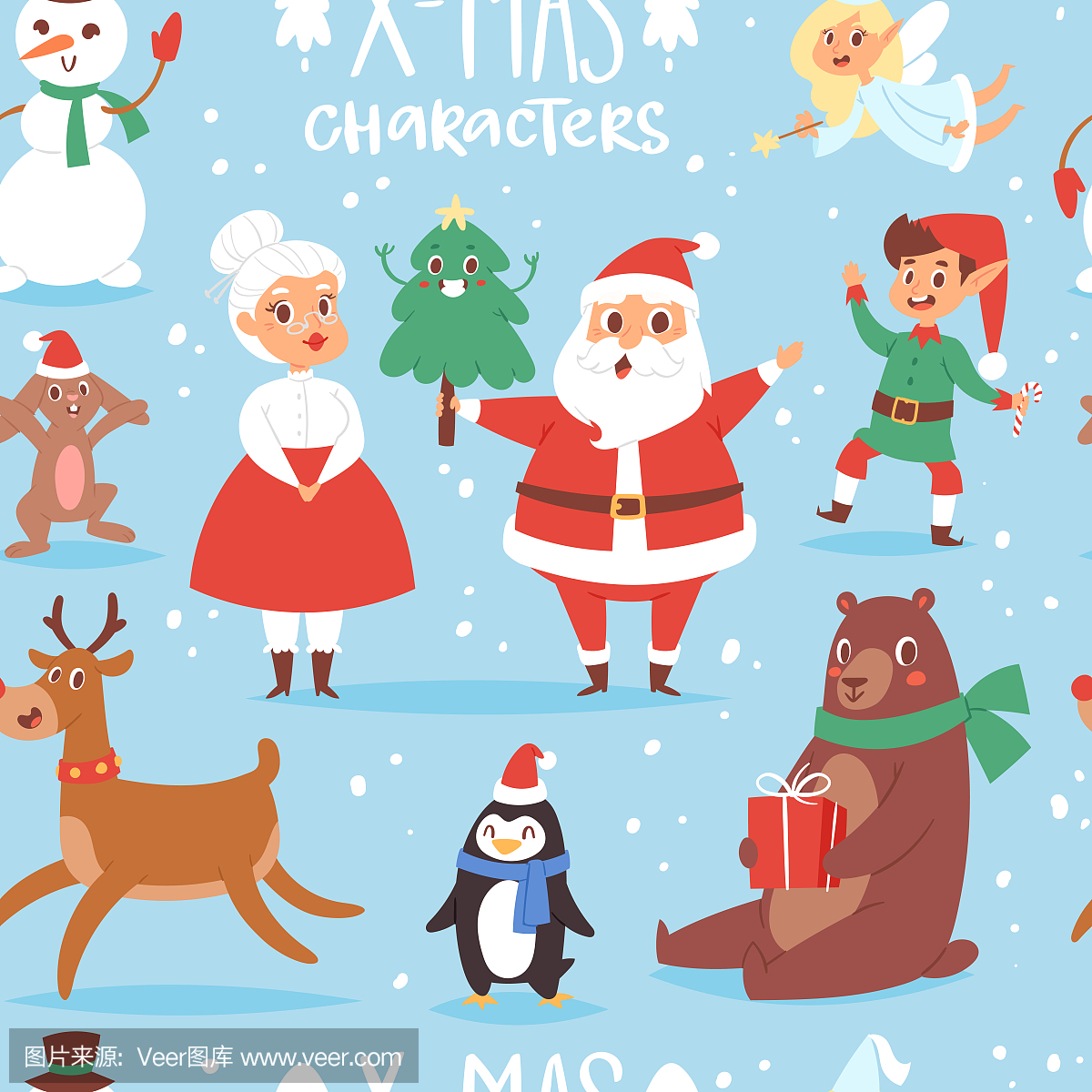 圣诞节矢量字符可爱的卡通圣诞老人,雪人,驯鹿