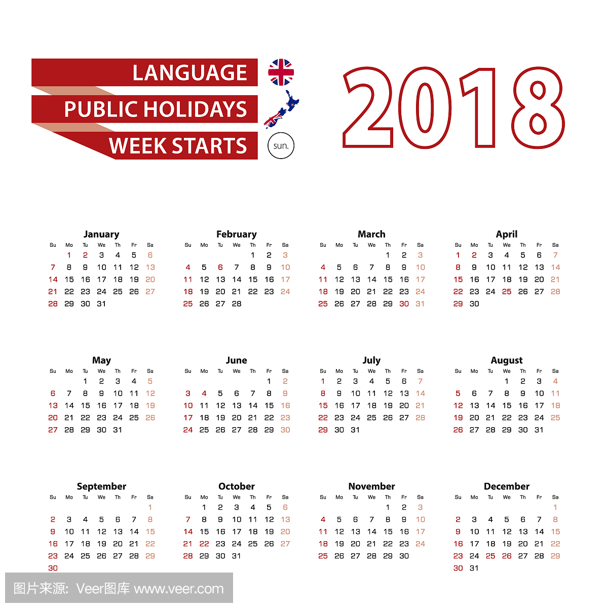 2018年英文日历,2018年新西兰国家公共假期。