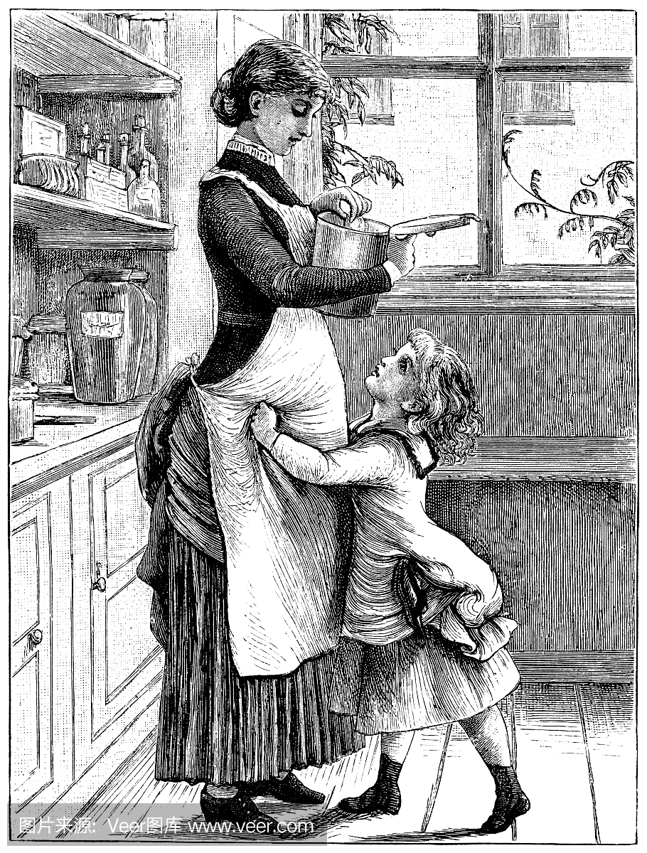 小维多利亚女孩在厨房里与她的母亲