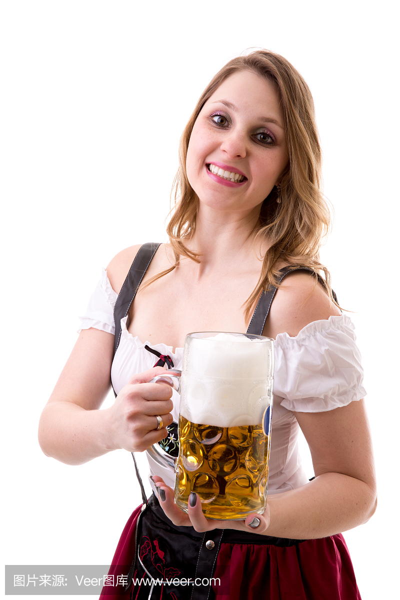 在白色背景上的传统巴伐利亚服装的白肤金发的