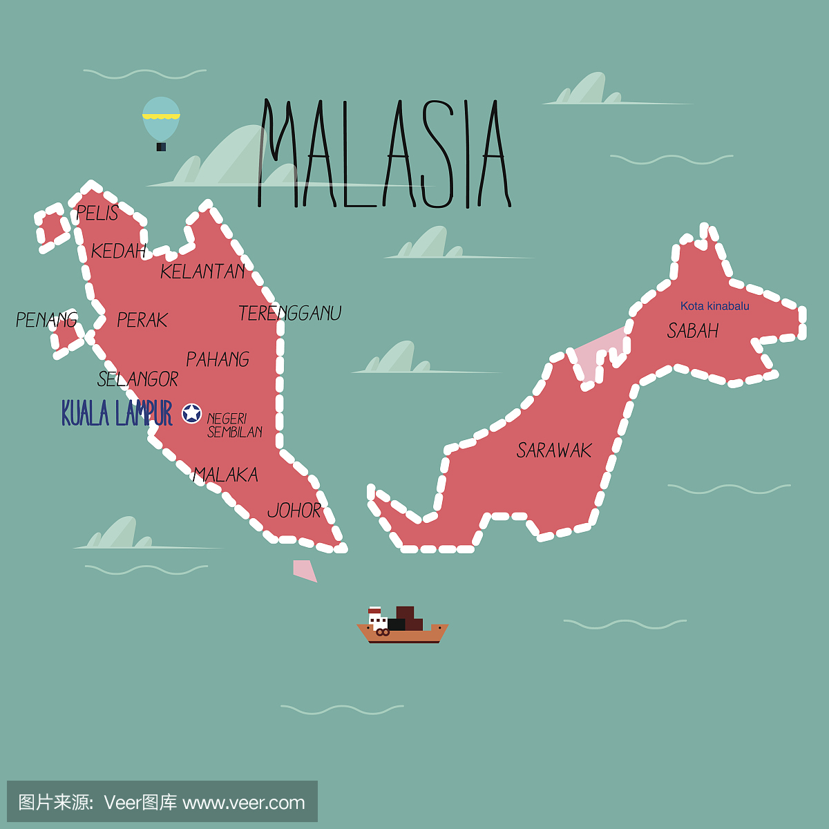 马来西亚地图 - 矢量图