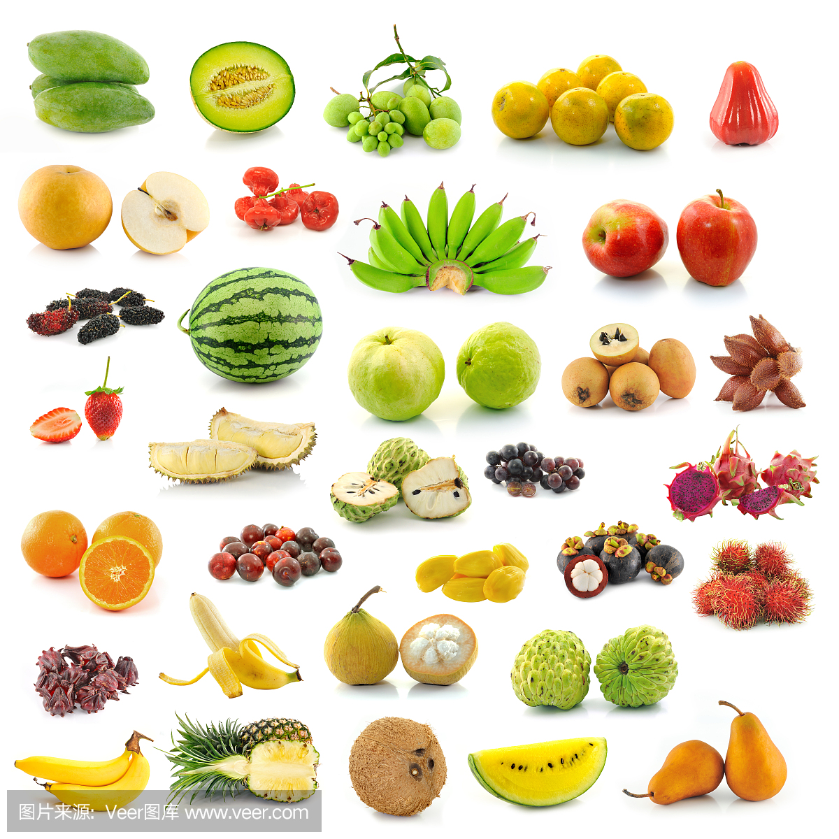在白色背景上收集水果