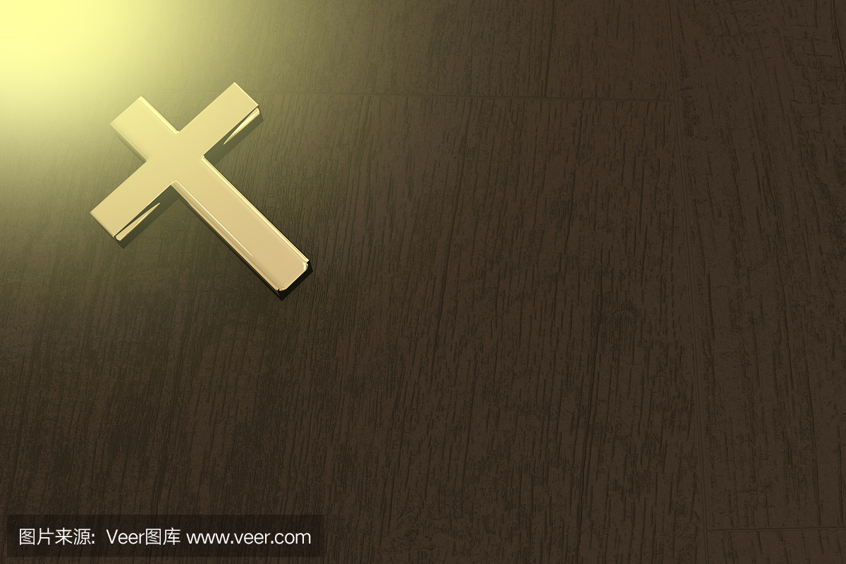 一张金色十字架在桌子上的3D渲染