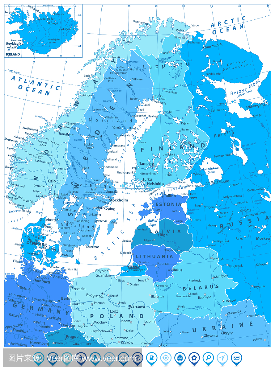 北欧地图在蓝色和地图指针的颜色