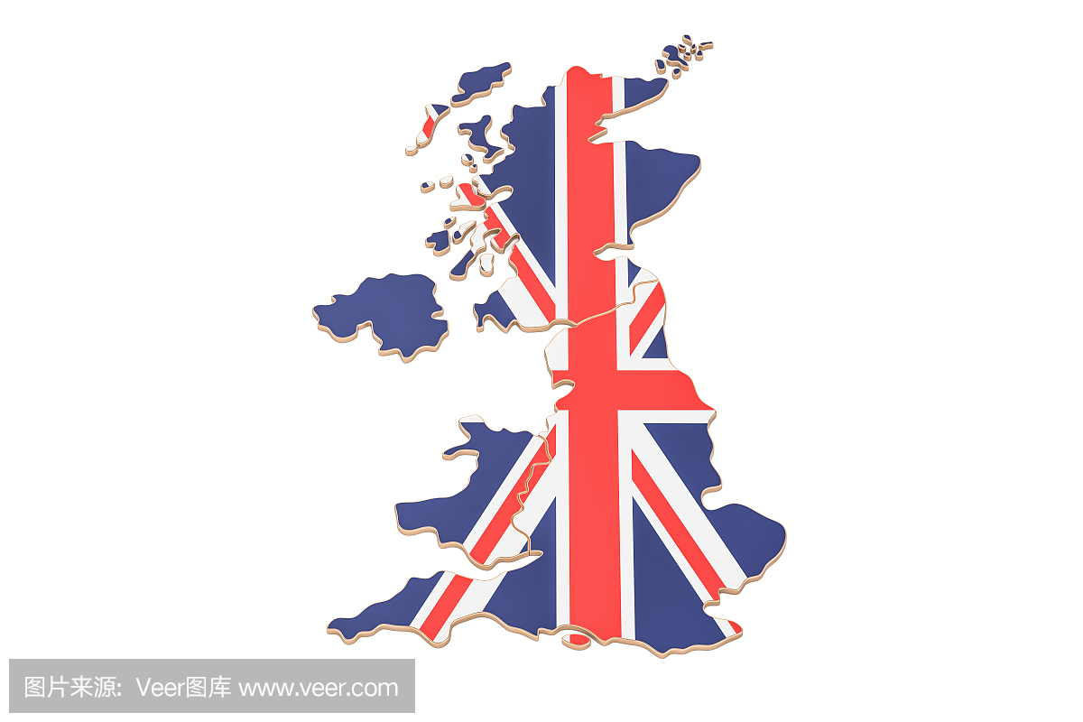 英国地图特写,孤立在白色背景上的3D渲染