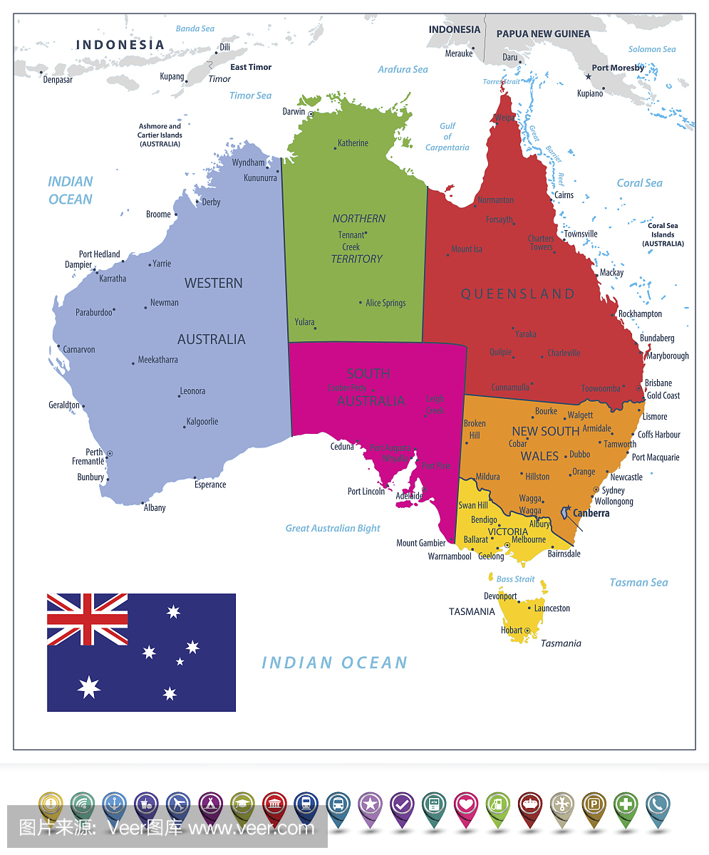 澳大利亚详细的政治地图和地图指针在白色隔离