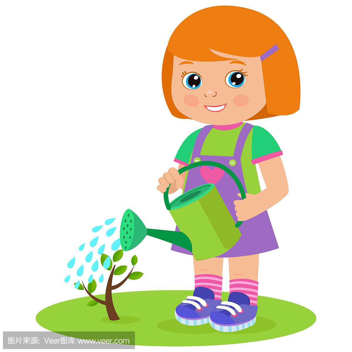 越来越年轻的园丁。可爱的卡通女孩用喷壶。工