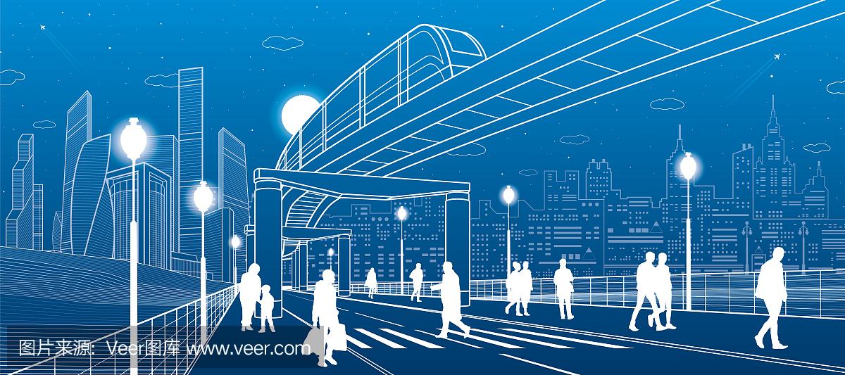 基础设施和运输全景。单轨铁路。人们在人行横