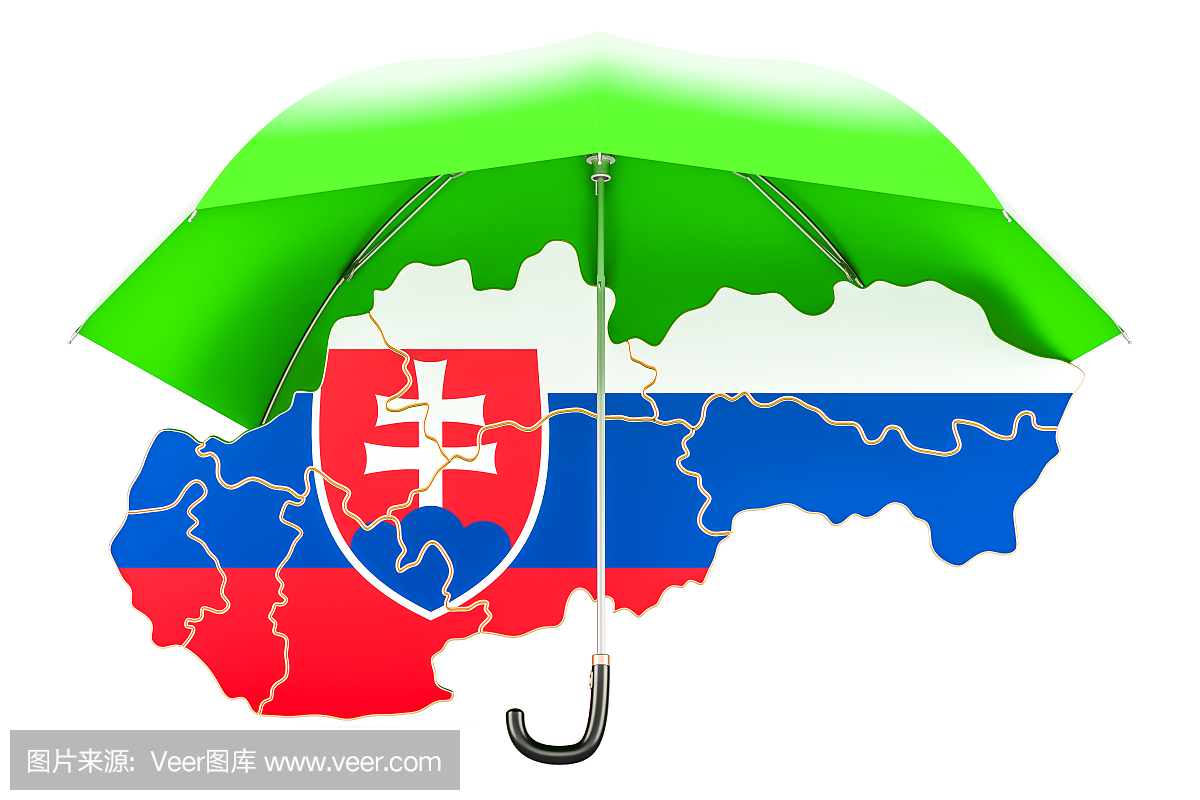 斯洛伐克地图在伞下。安全和保护或保险概念,