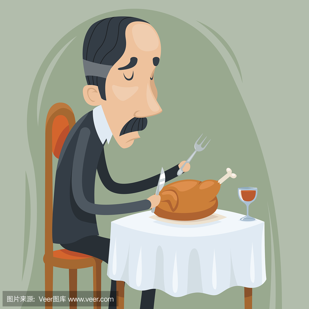 Gaunt贵族人吃烤鸡肉与葡萄酒字符图标