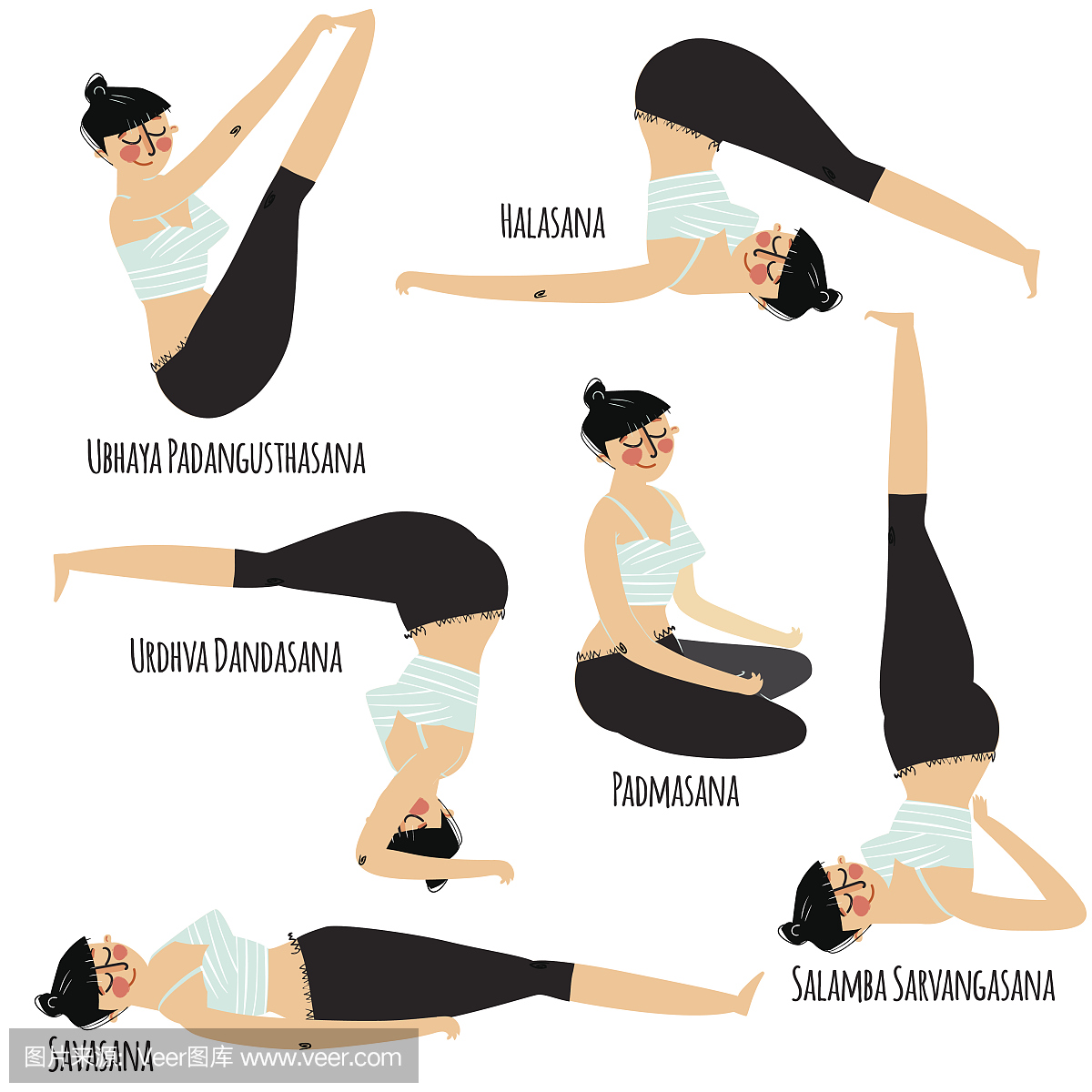设置与美丽的女人锻炼各种不同的瑜伽姿势训练