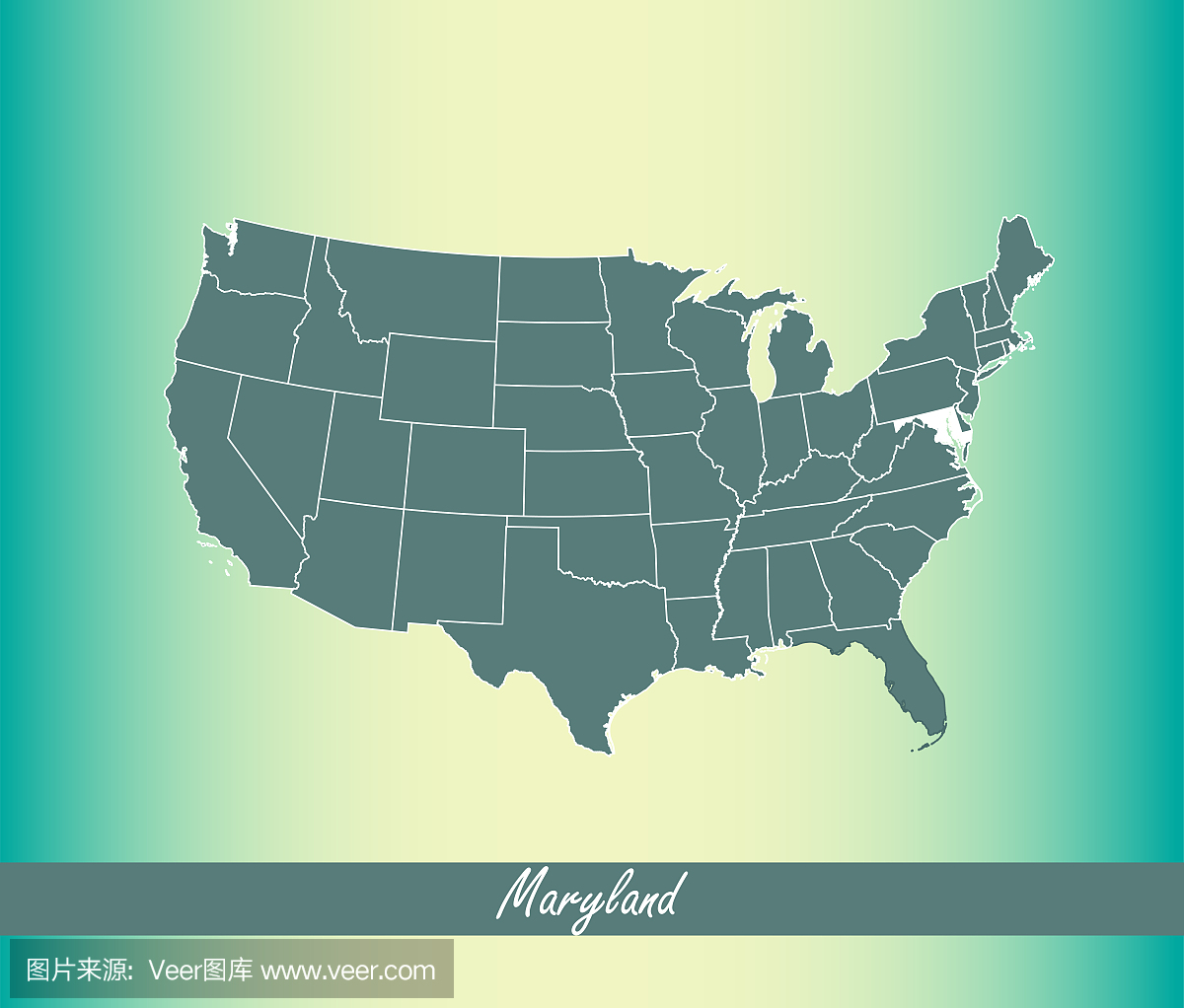 美国地图矢量轮廓图与突出显示的马里兰州在蓝