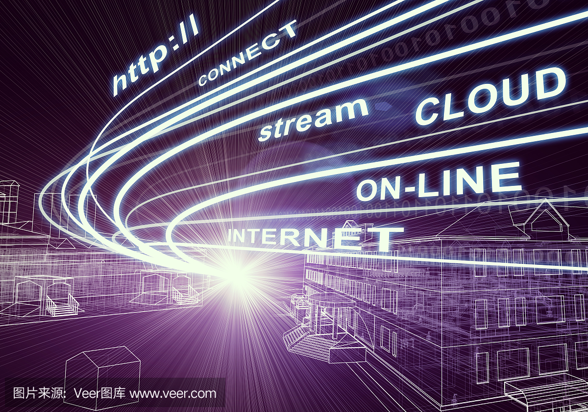 线框建筑,光束和词语如互联网,