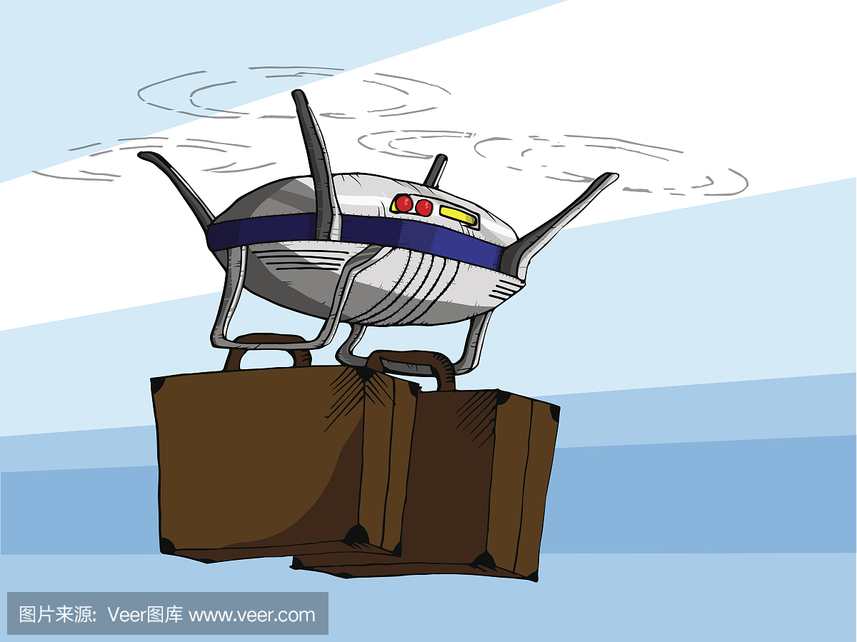 手绘矢量插图的无人机与两个手提箱