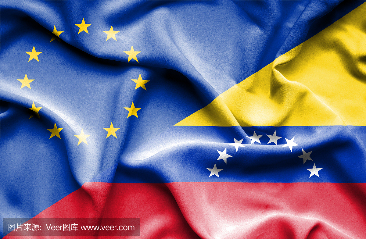 挥舞着委内瑞拉和欧盟的旗帜