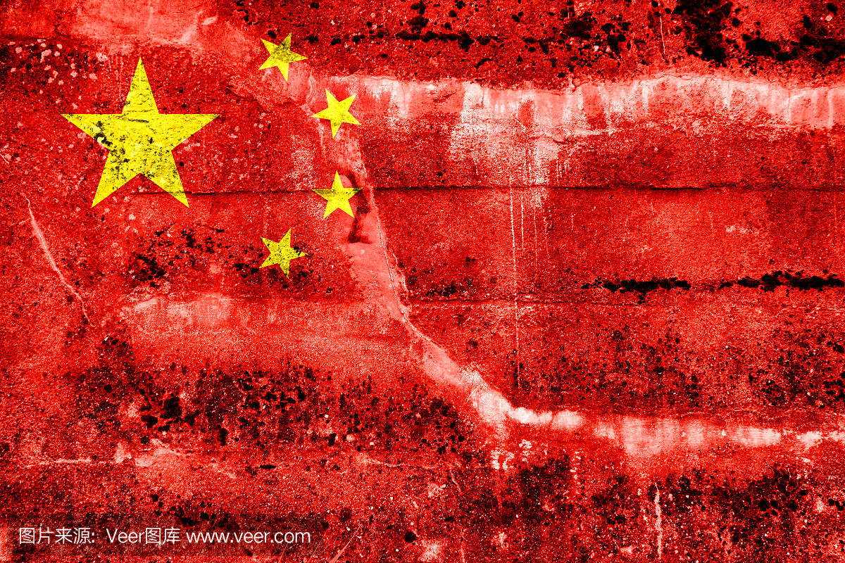 中国国旗画在grunge墙上
