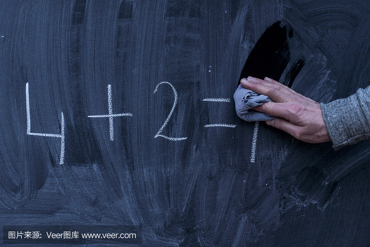 老师的手在课堂上擦除,清除黑板上的数学错误