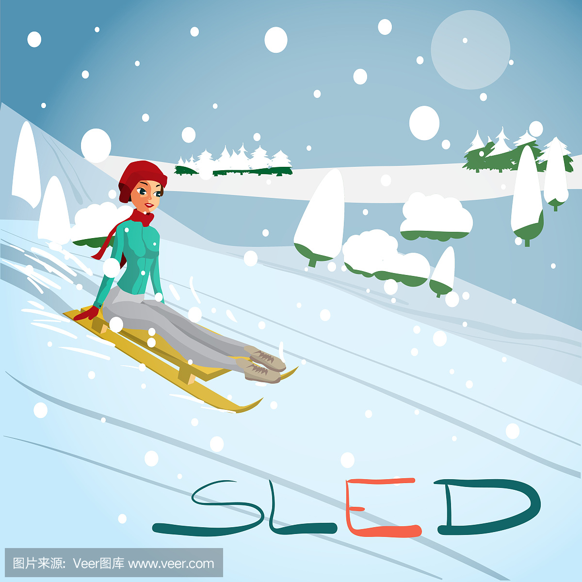 ard background. Woman rolling downhill on a sled
