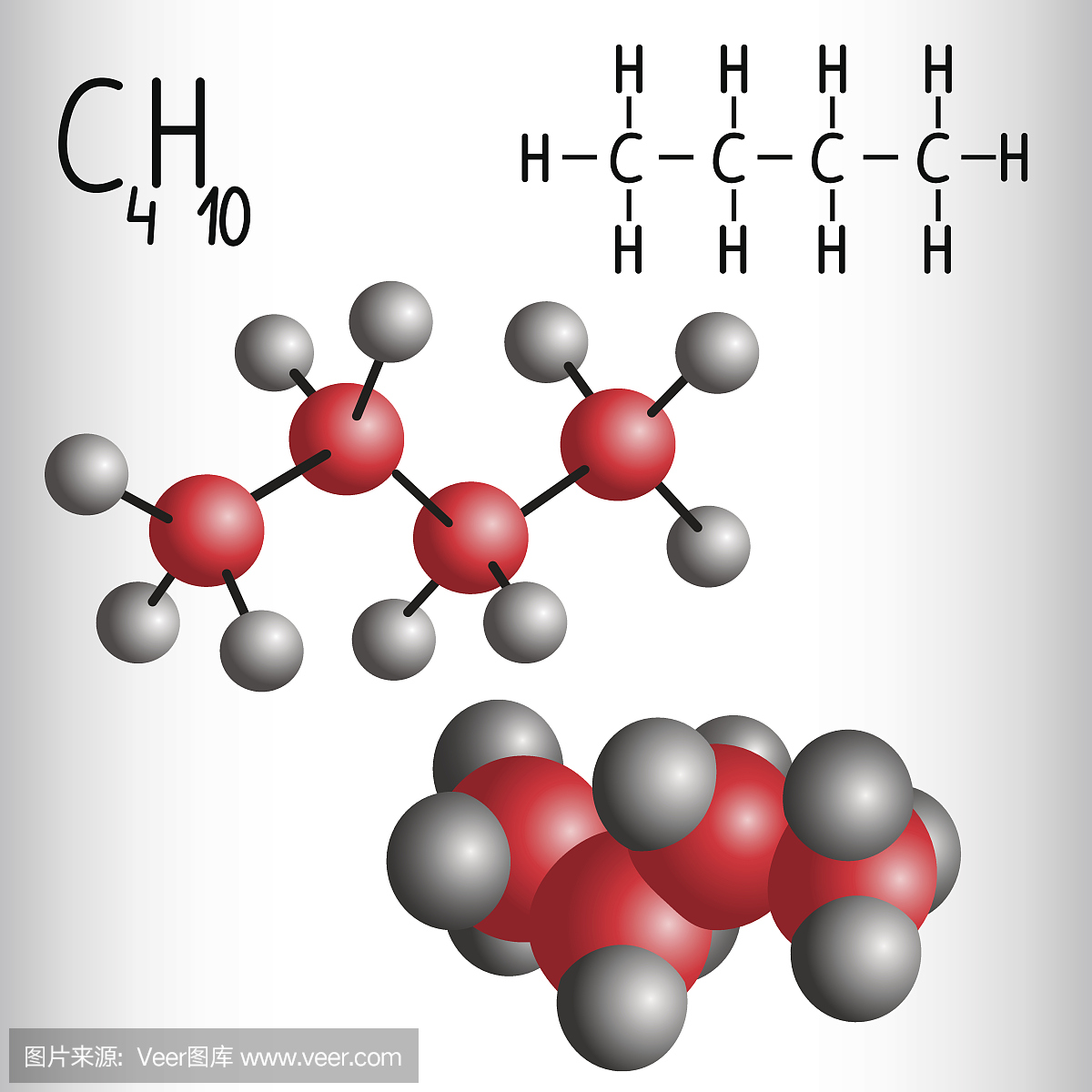 丁烷C4H10的化学式和分子模型