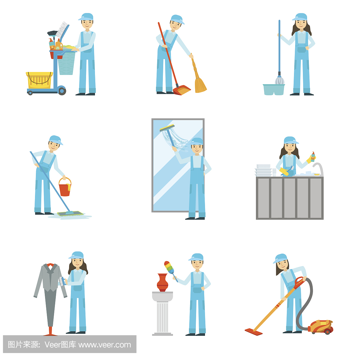 提供清洁服务的工人在蓝色的统一套插图