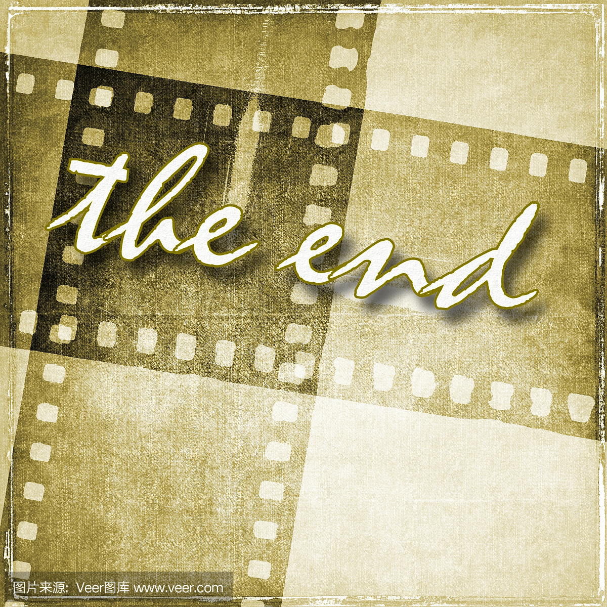 白色的单词'结束'在棕褐色电影带背景。复古风