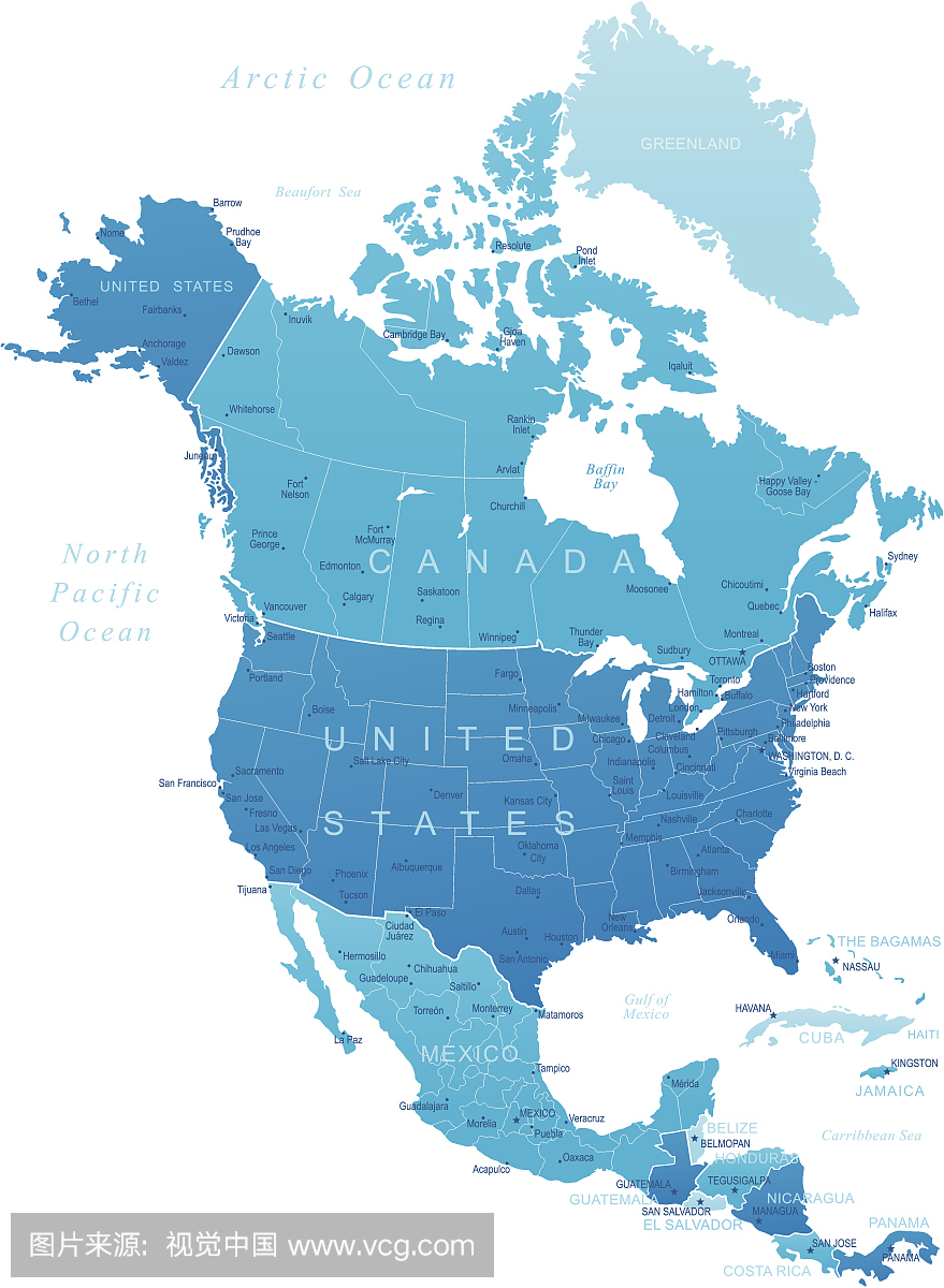 北美 - 高度详细的地图