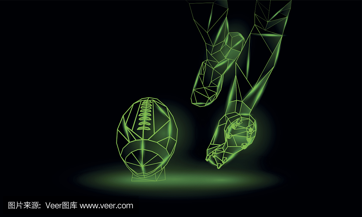 美式足球开球多边形绿色霓虹灯背景。