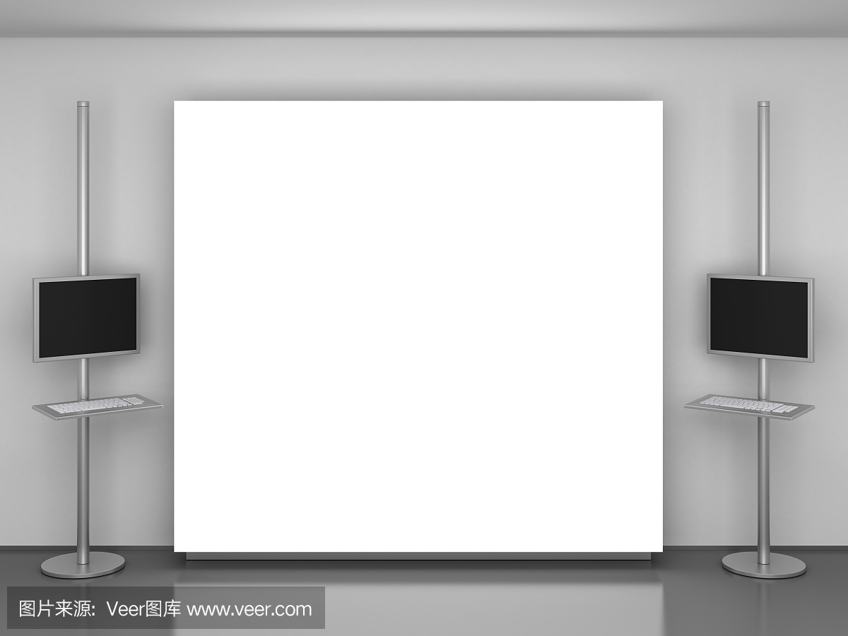 一个巨大的白色屏幕旁边的两个显示屏与键盘