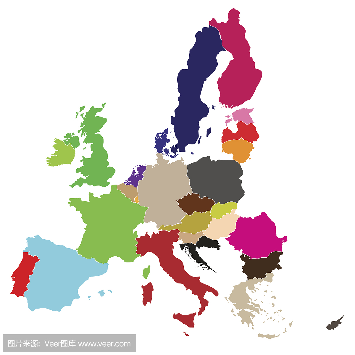 简单的所有欧洲联盟彩色国家在一个地图图