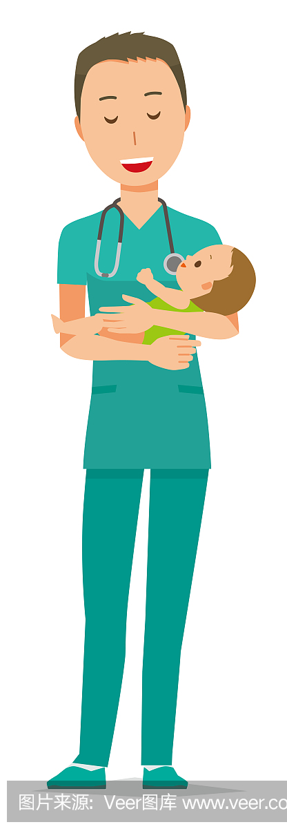 一位穿绿色磨砂膏的男医生抱着一个婴儿